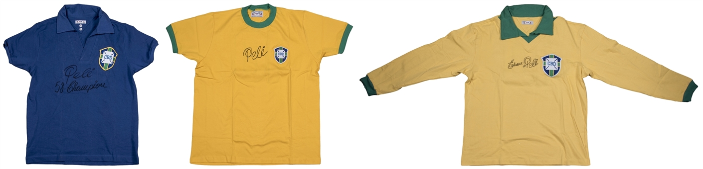 Pele Autogaphed 1958/1962/1970 Brazil World Cup Shirts (3 Different) (PSA/DNA)
